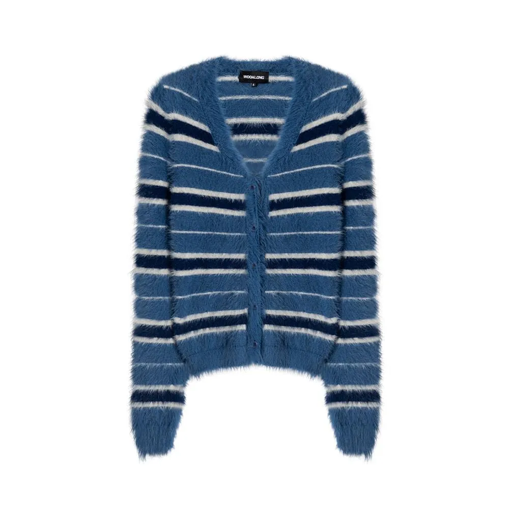 Stripe brushed slim line cardigan blue