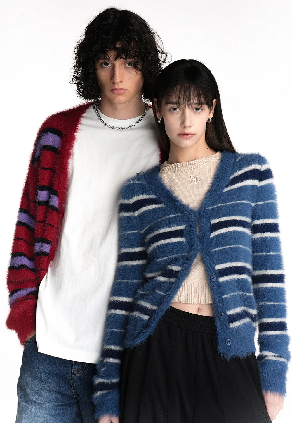 Stripe brushed slim line cardigan blue