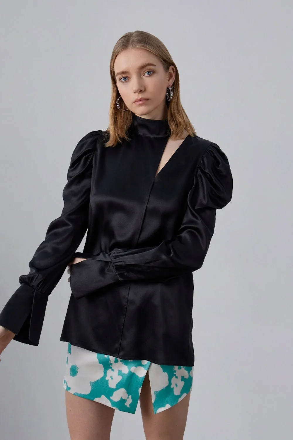 Subtle Drama Puff Sleeve Silky Blouse Top