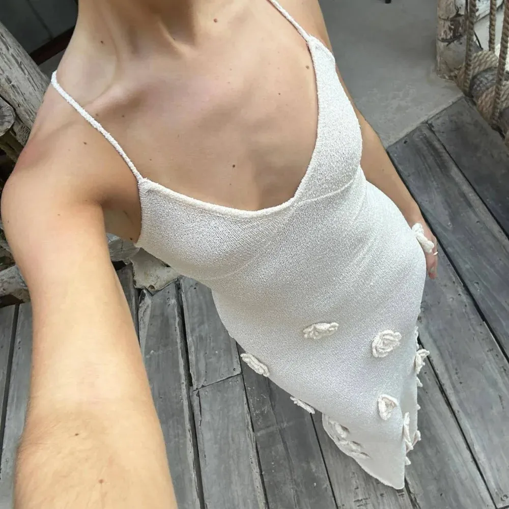 Summer Knitted Long Dress Women Elegant Fashion Flower Strap Slim Beach Dress Sexy Backless Holiday Party Dresses Outfits