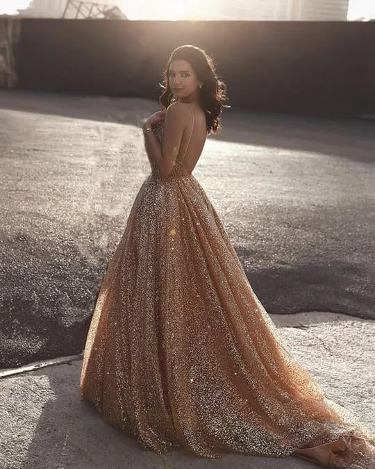 Sweetheart Neck Spaghetti Straps Backless Sparkly Gold Sequins Prom, Golden Ball Gown, Formal, Evening