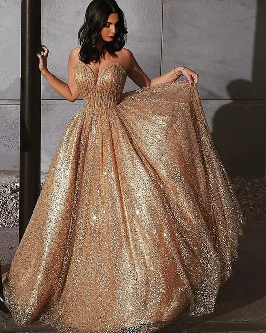 Sweetheart Neck Spaghetti Straps Backless Sparkly Gold Sequins Prom, Golden Ball Gown, Formal, Evening