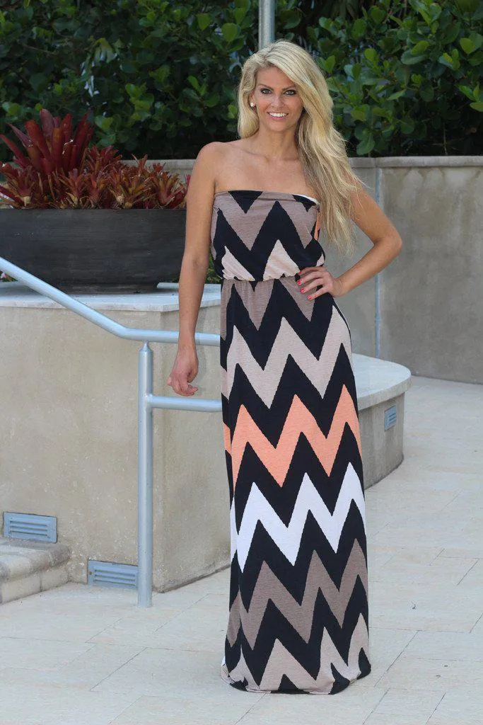 Taupe Strapless Chevron Maxi Dress