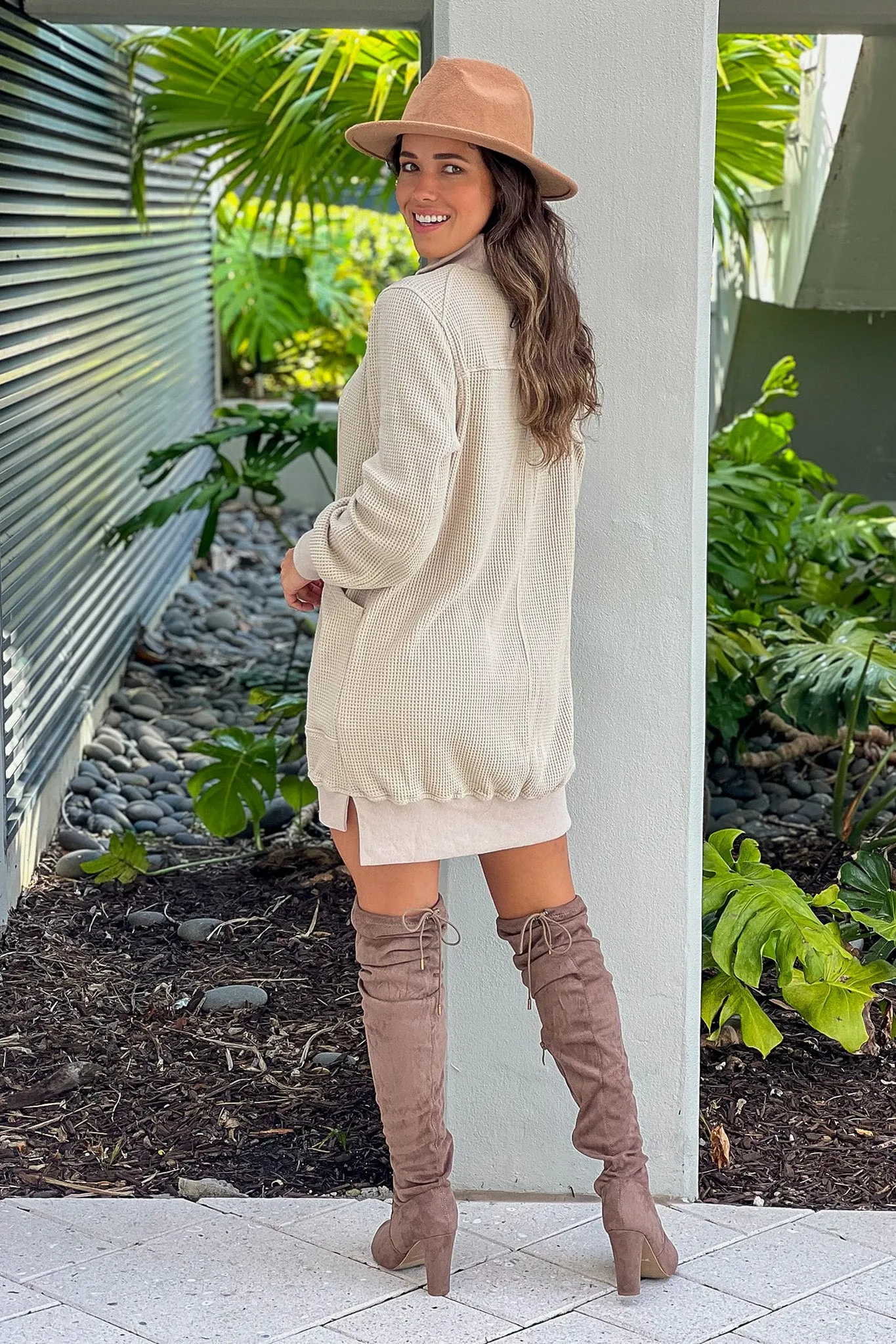 Taupe Zip Up Waffle Knit Dress