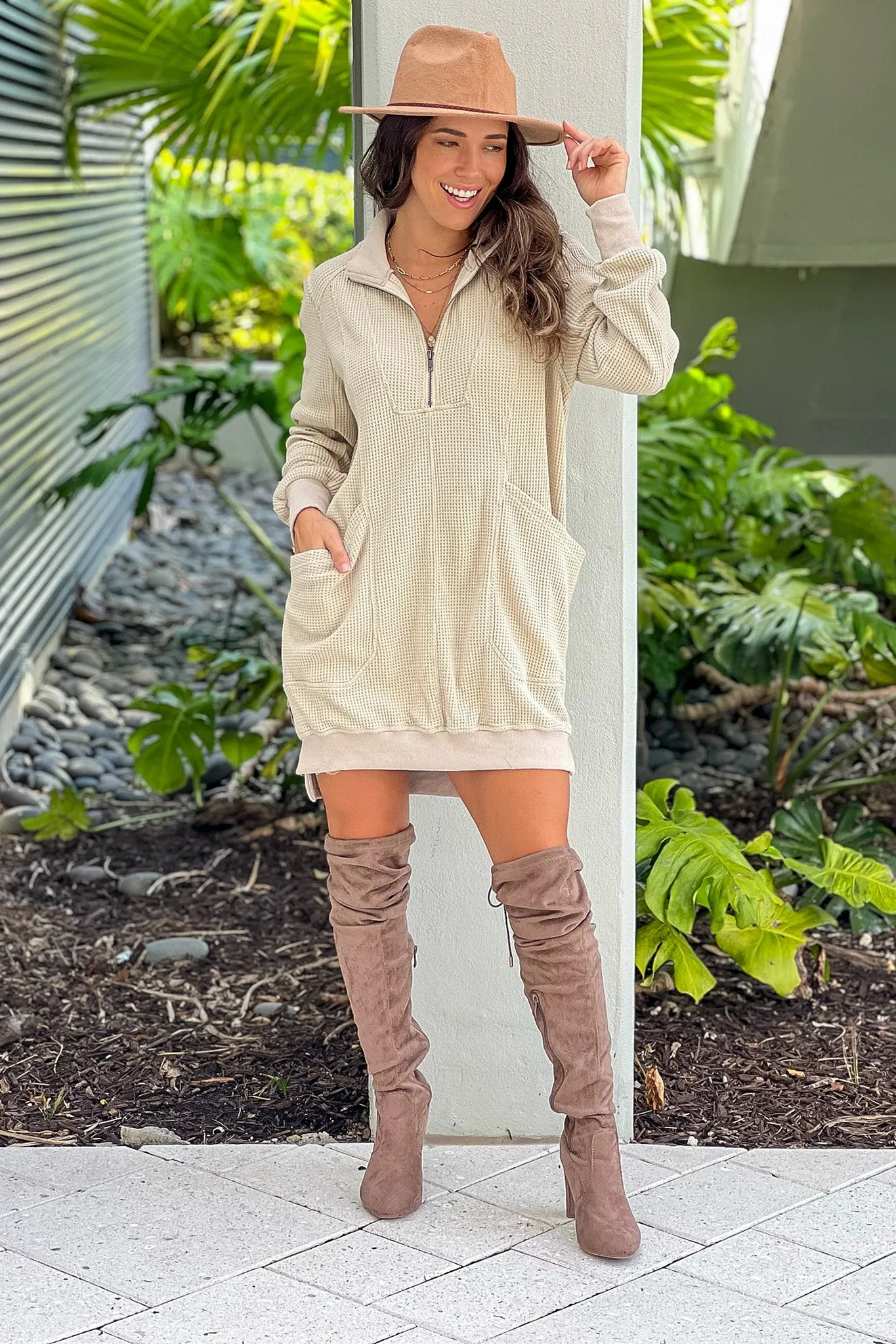 Taupe Zip Up Waffle Knit Dress