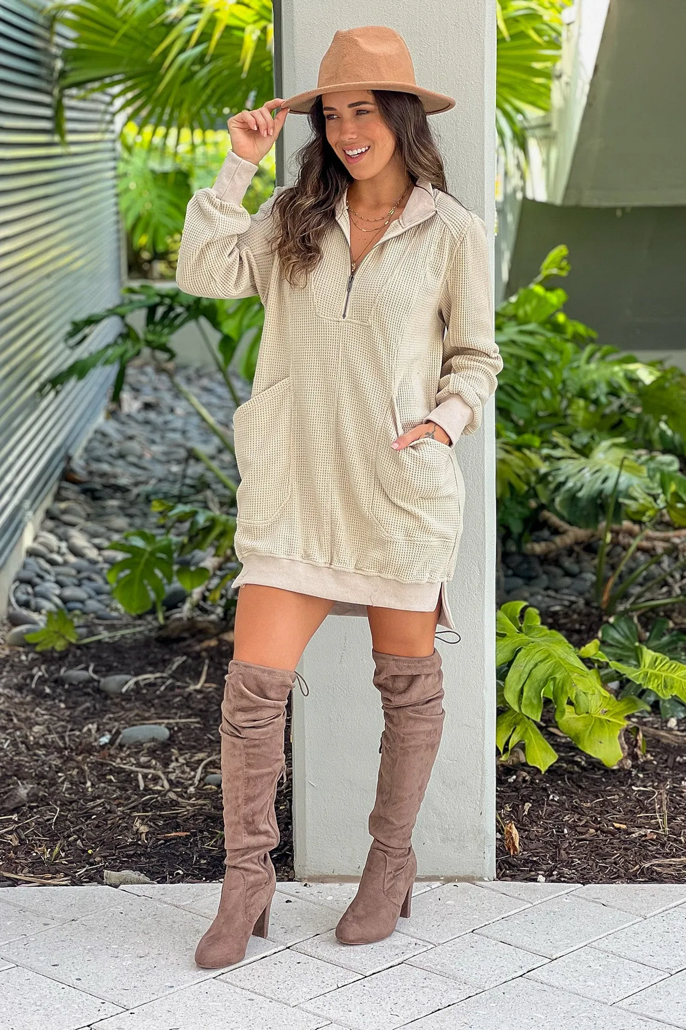 Taupe Zip Up Waffle Knit Dress