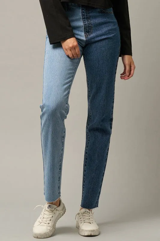 TEEK - Blue Combo High Waist Two Tone Raw Hem Jeans