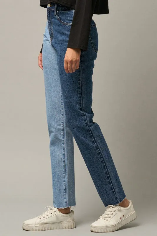 TEEK - Blue Combo High Waist Two Tone Raw Hem Jeans