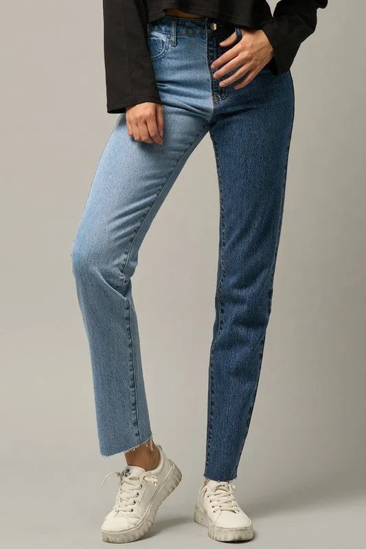 TEEK - Blue Combo High Waist Two Tone Raw Hem Jeans