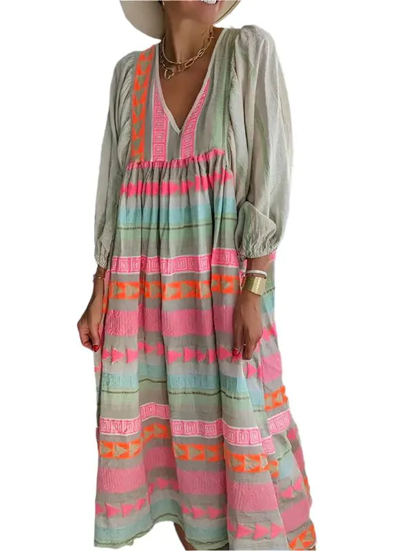 TEEK - Pink V-neck Puff Sleeve Colorful Dress