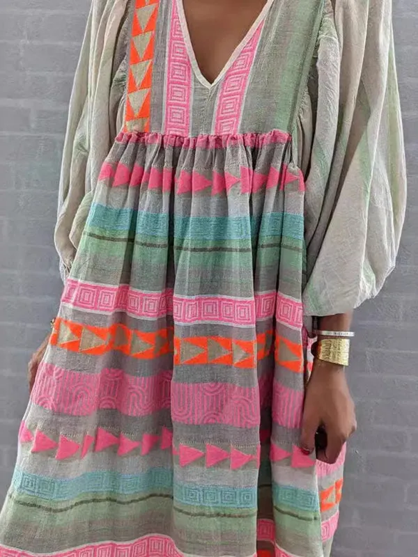 TEEK - Pink V-neck Puff Sleeve Colorful Dress