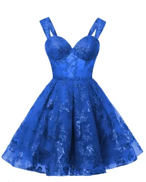 Teens Sparkly Tulle Royal Blue Homecoming Dresses Spaghetti Straps Short Cocktail Party Prom Dress