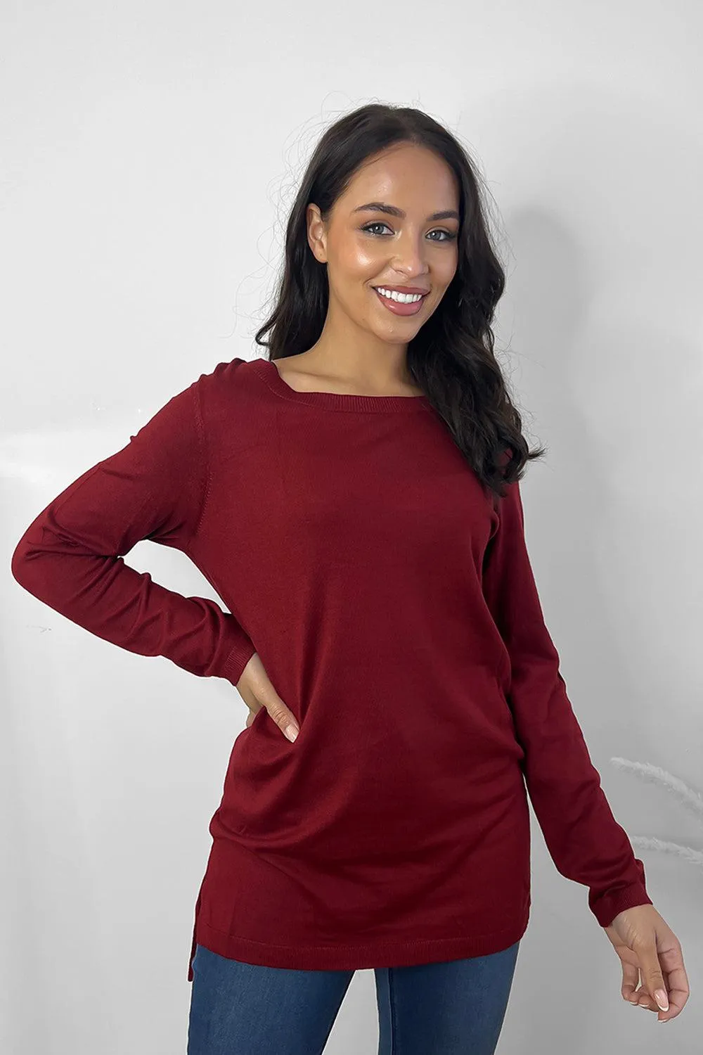 Thin Knit Asymmetric Hem Round Neck Pullover