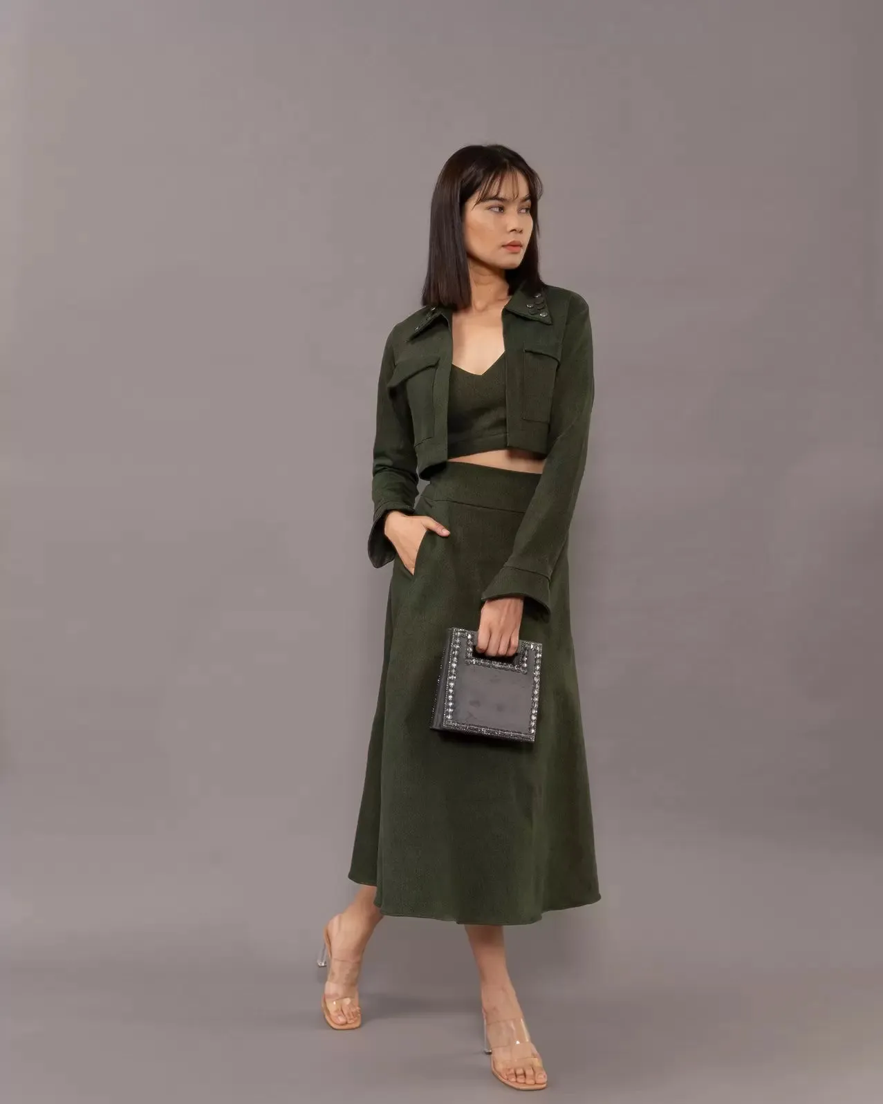 Three Piece Set, Casual Dark green skirt denim set