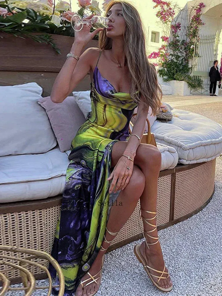 Tie Dye Print Backless Side Slit Maxi Dress