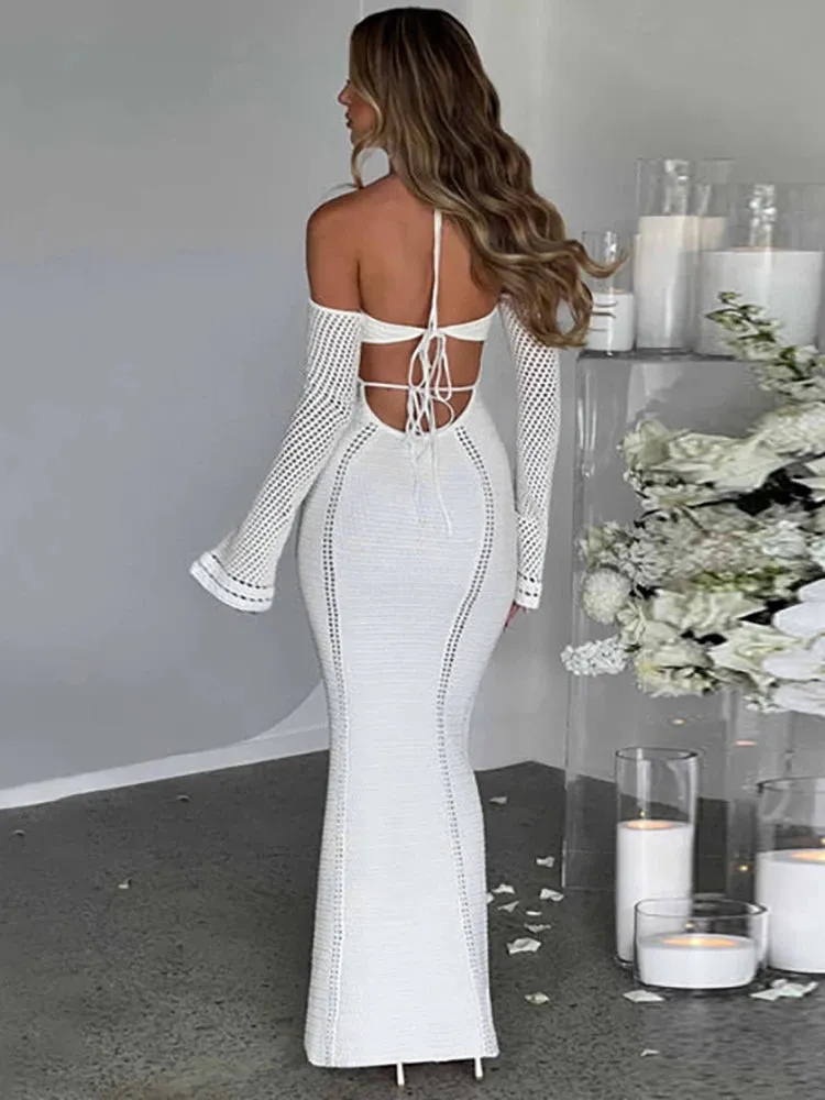 Toleet-White Halter Backless Sexy Dress Women Knitting Lace Up Elegant Holiday Casual Dress Maxi Long Autumn Dress Vestidos