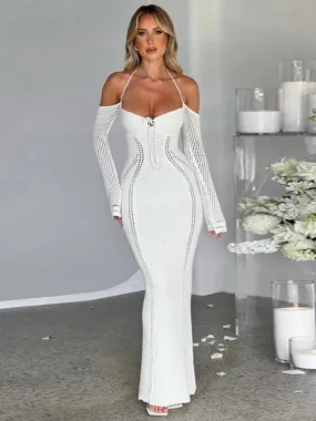 Toleet-White Halter Backless Sexy Dress Women Knitting Lace Up Elegant Holiday Casual Dress Maxi Long Autumn Dress Vestidos