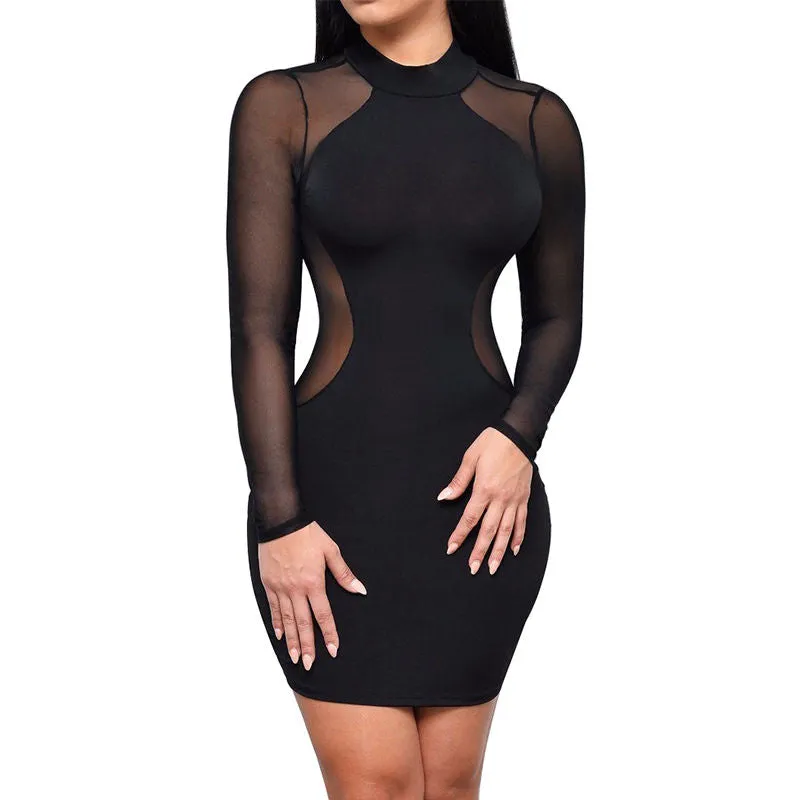 Trendy Mesh Long Sleeve Mini Party Dress