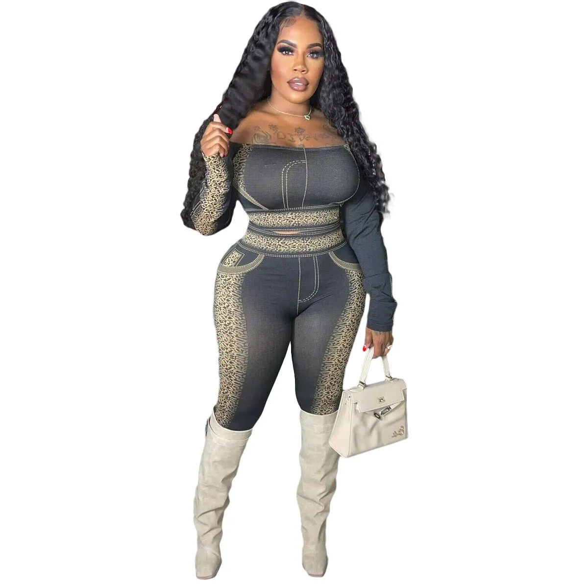 Trendy Two Piece Crop Top Jeggings Set