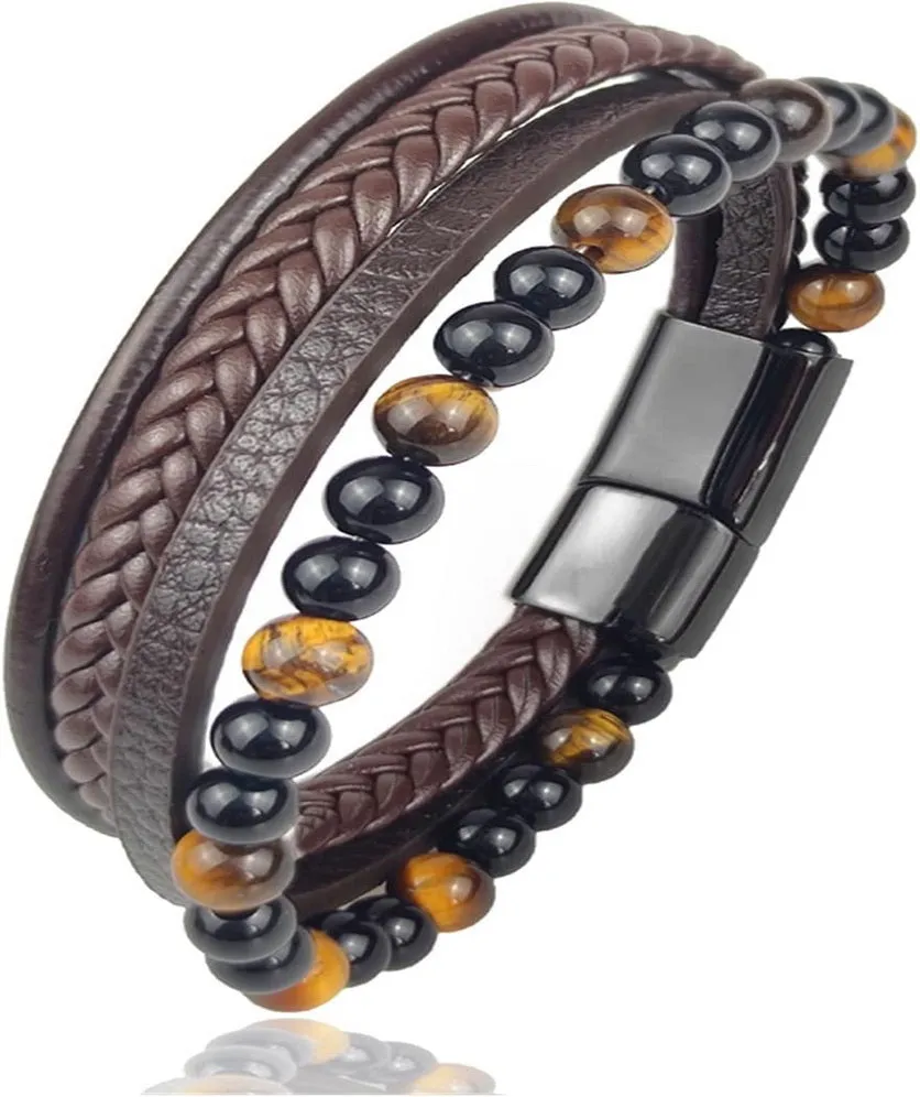 Unisex Leather Wrap Bracelet Multi Layer Wristband Braided Cuff Bangle Bracelets Wood Bead