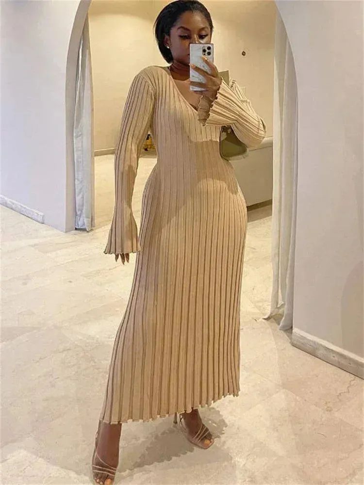 Uniwim  Autumn New V-Neck Knit Maxi Dress Women Ribbed Elegant Long Sleeve Streetwear High Waist Pleated Dresses Ladies Knitwear