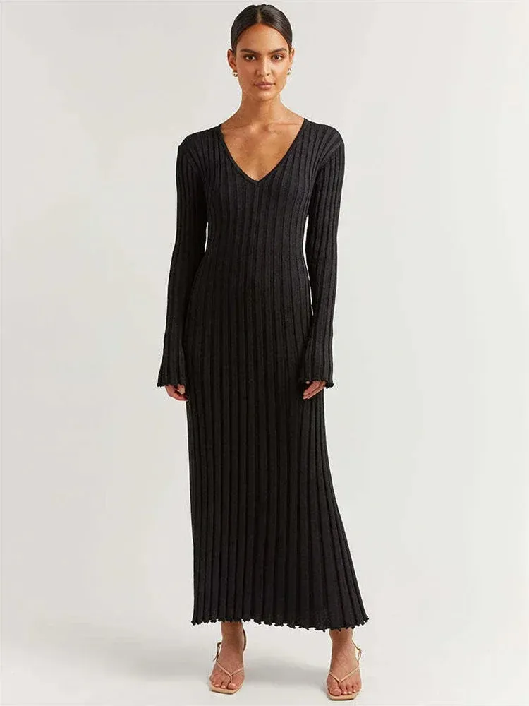 Uniwim  Autumn New V-Neck Knit Maxi Dress Women Ribbed Elegant Long Sleeve Streetwear High Waist Pleated Dresses Ladies Knitwear