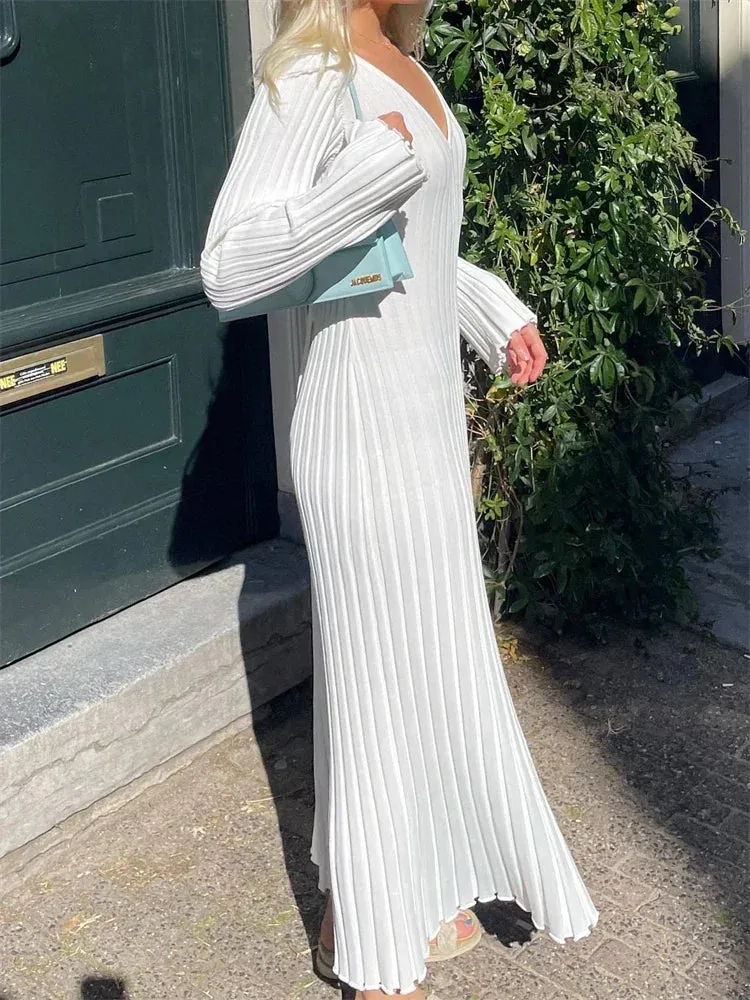 Uniwim  Autumn New V-Neck Knit Maxi Dress Women Ribbed Elegant Long Sleeve Streetwear High Waist Pleated Dresses Ladies Knitwear