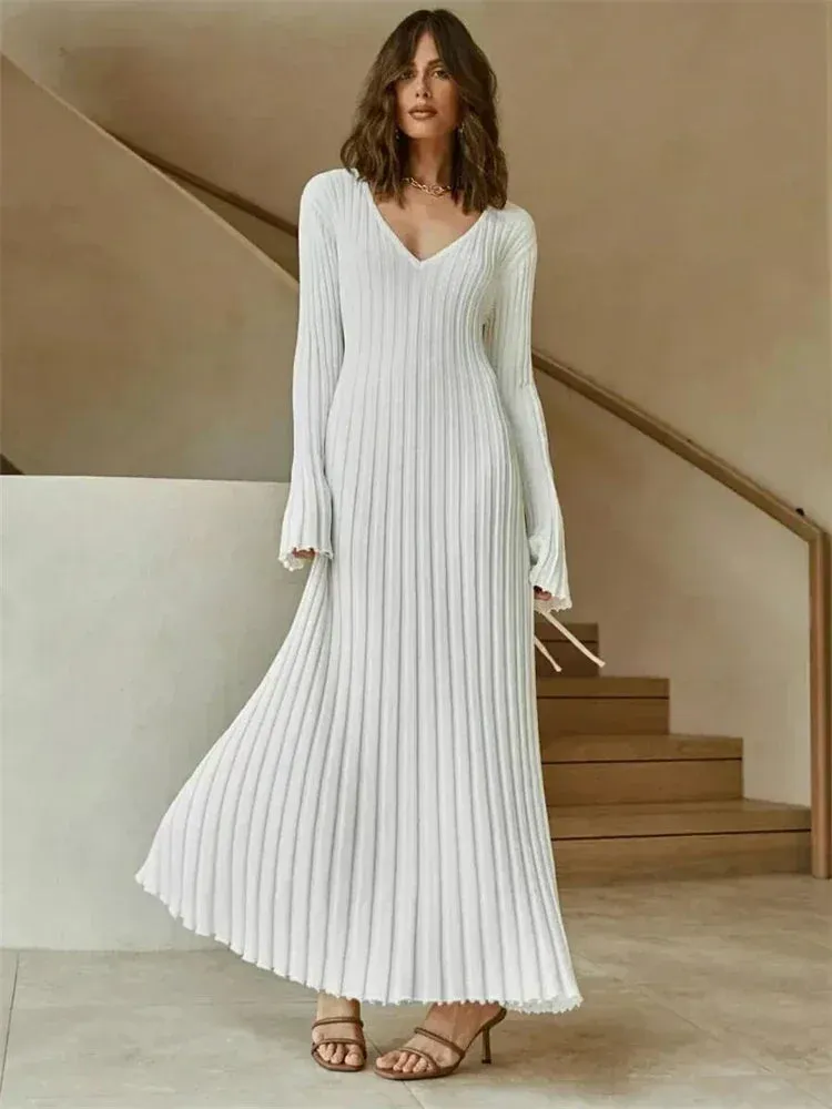 Uniwim  Autumn New V-Neck Knit Maxi Dress Women Ribbed Elegant Long Sleeve Streetwear High Waist Pleated Dresses Ladies Knitwear