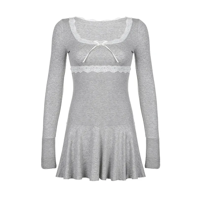 Uniwim Basic Sweet  Bow Lace Patchwork Knit Dress