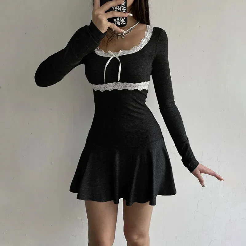 Uniwim Basic Sweet  Bow Lace Patchwork Knit Dress