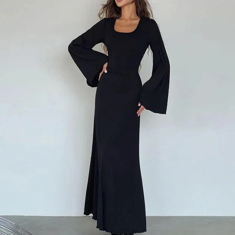 Uniwim Elegant Frill Flare Sleeve Knit Maxi Dress