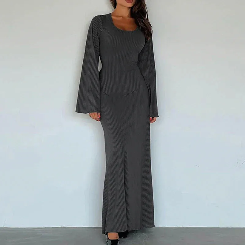 Uniwim Elegant Frill Flare Sleeve Knit Maxi Dress