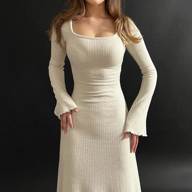 Uniwim Elegant Frill Knit Square Neck Long Dress