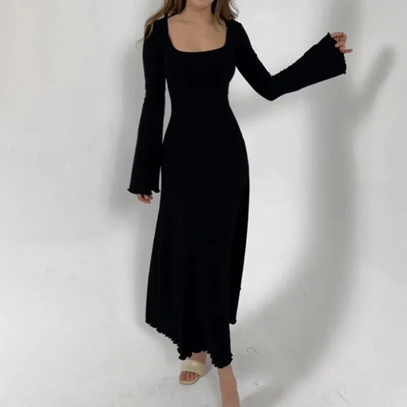 Uniwim Elegant Frill Knit Square Neck Long Dress