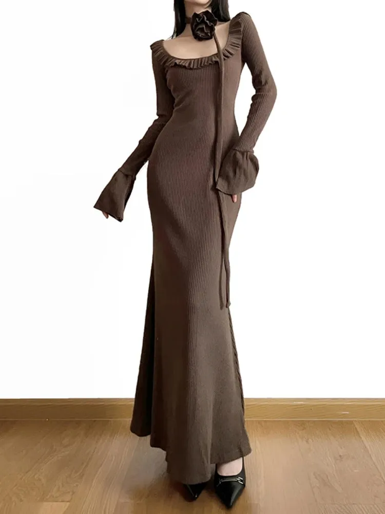 Uniwim Vintage Brown Flare Sleeve Knit Long Dress