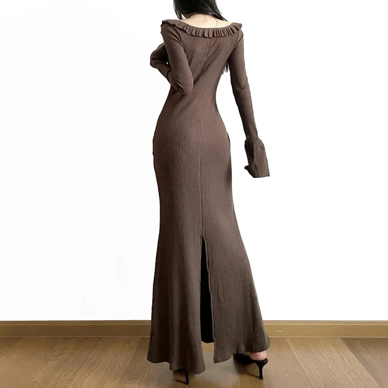 Uniwim Vintage Brown Flare Sleeve Knit Long Dress