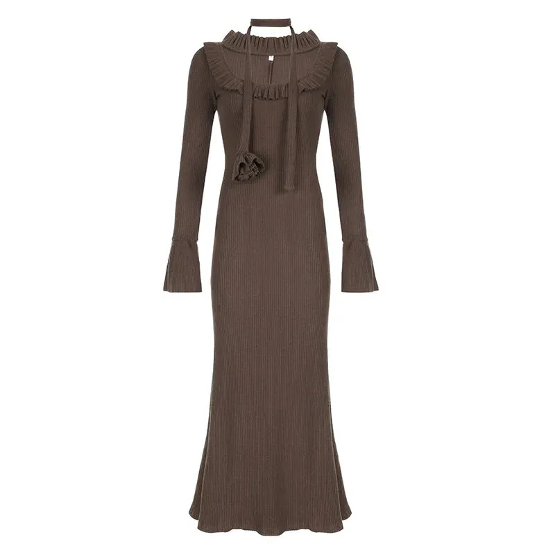 Uniwim Vintage Brown Flare Sleeve Knit Long Dress