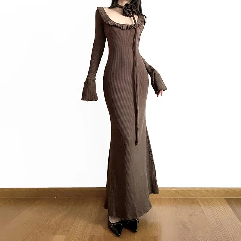 Uniwim Vintage Brown Flare Sleeve Knit Long Dress