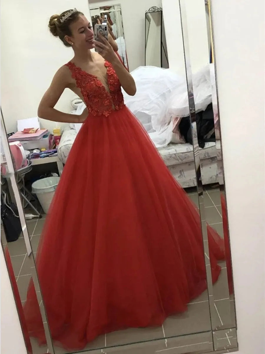 V Neck Backless Appliques Top Red Lace Long Prom, Backless Red Lace Formal, Red Lace Evening