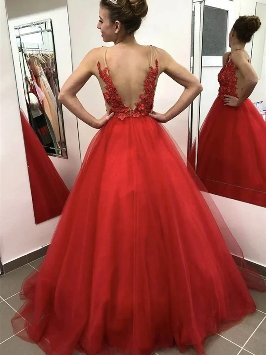 V Neck Backless Appliques Top Red Lace Long Prom, Backless Red Lace Formal, Red Lace Evening