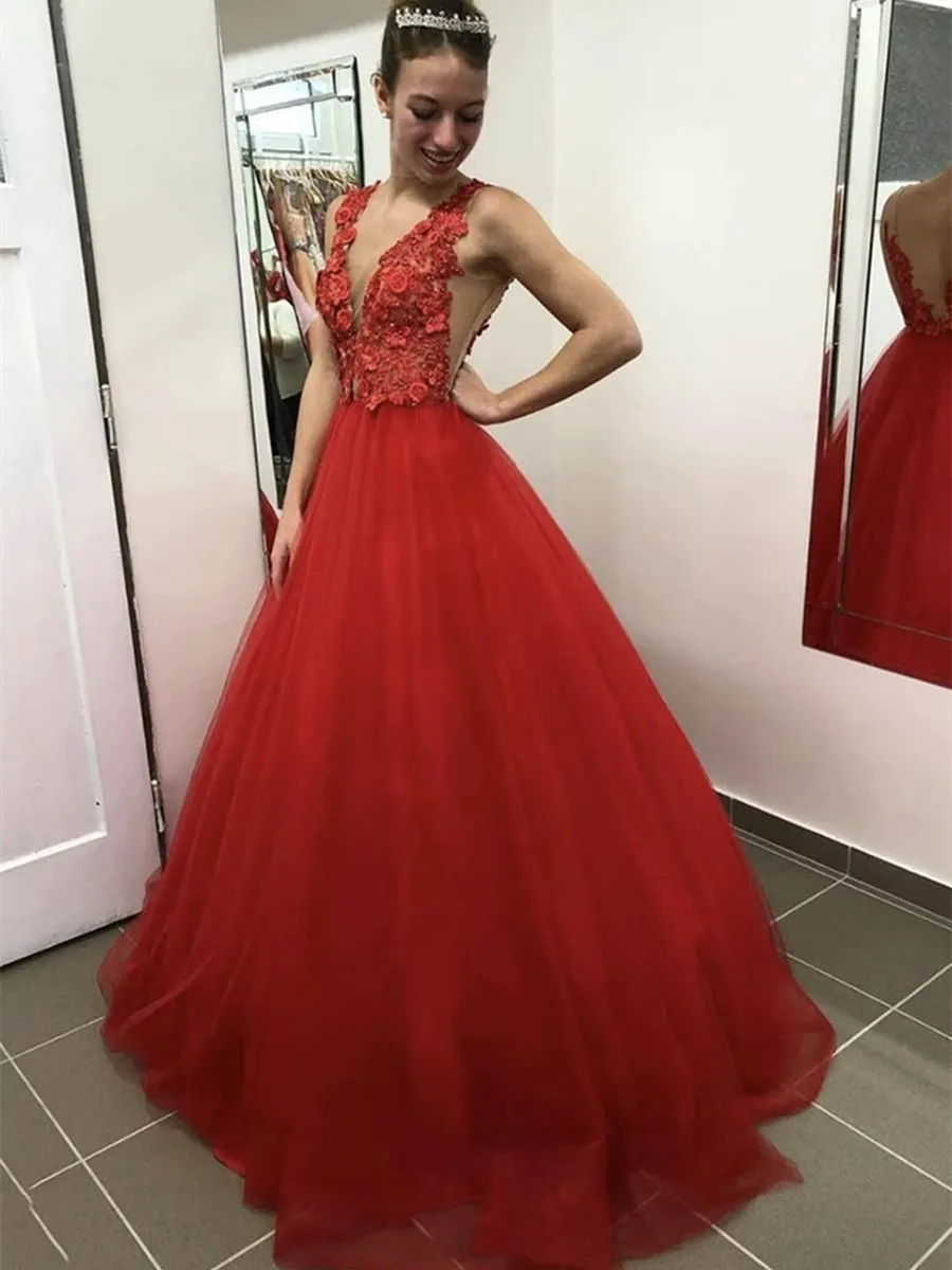 V Neck Backless Appliques Top Red Lace Long Prom, Backless Red Lace Formal, Red Lace Evening