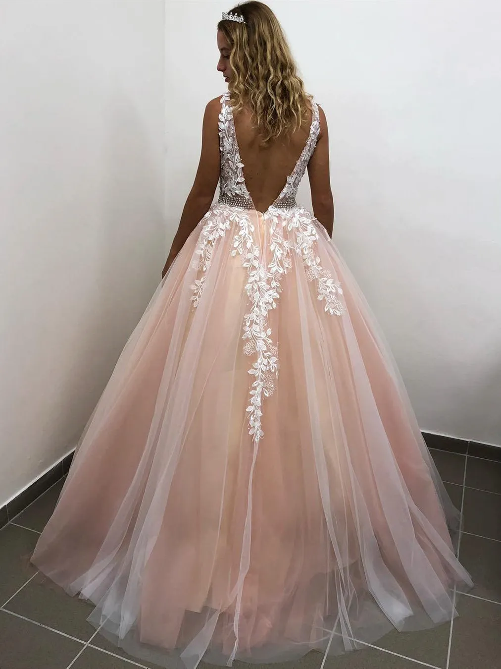 V Neck Backless Long Pink Lace Prom, Pink Lace Formal, Pink Evening