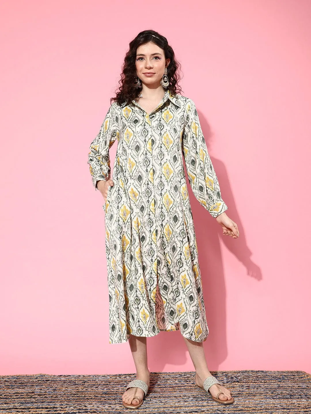 varanga off white and olive green ethnic print crepe shirt midi dress