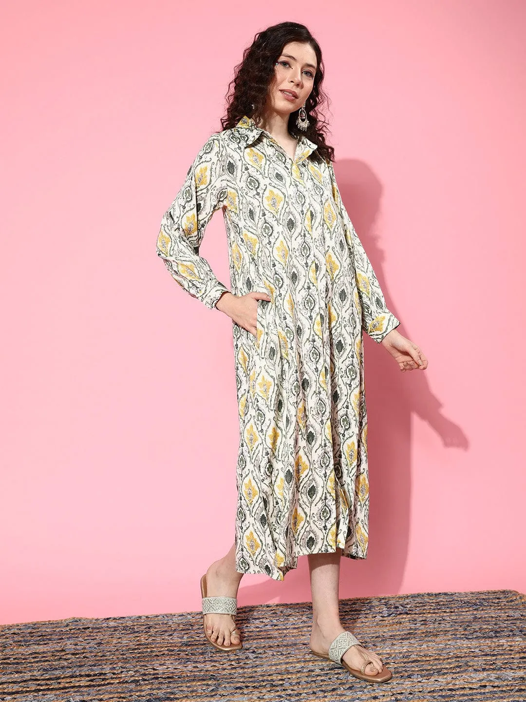 varanga off white and olive green ethnic print crepe shirt midi dress