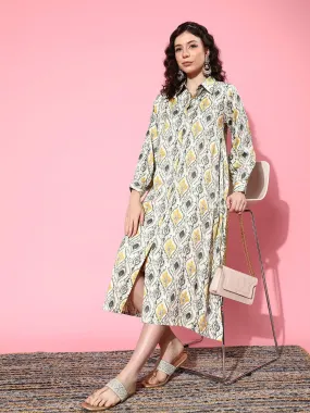 varanga off white and olive green ethnic print crepe shirt midi dress