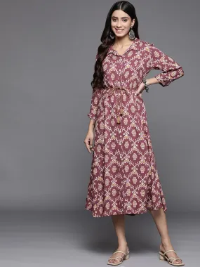 Varanga Women Burgundy Ikat Printed Dress With Shirt Collar