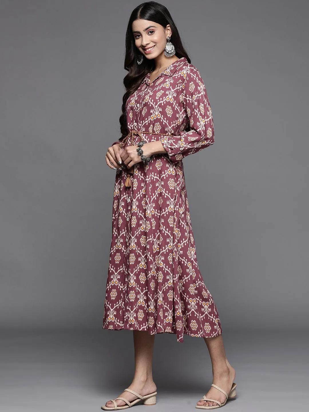 Varanga Women Burgundy Ikat Printed Dress With Shirt Collar