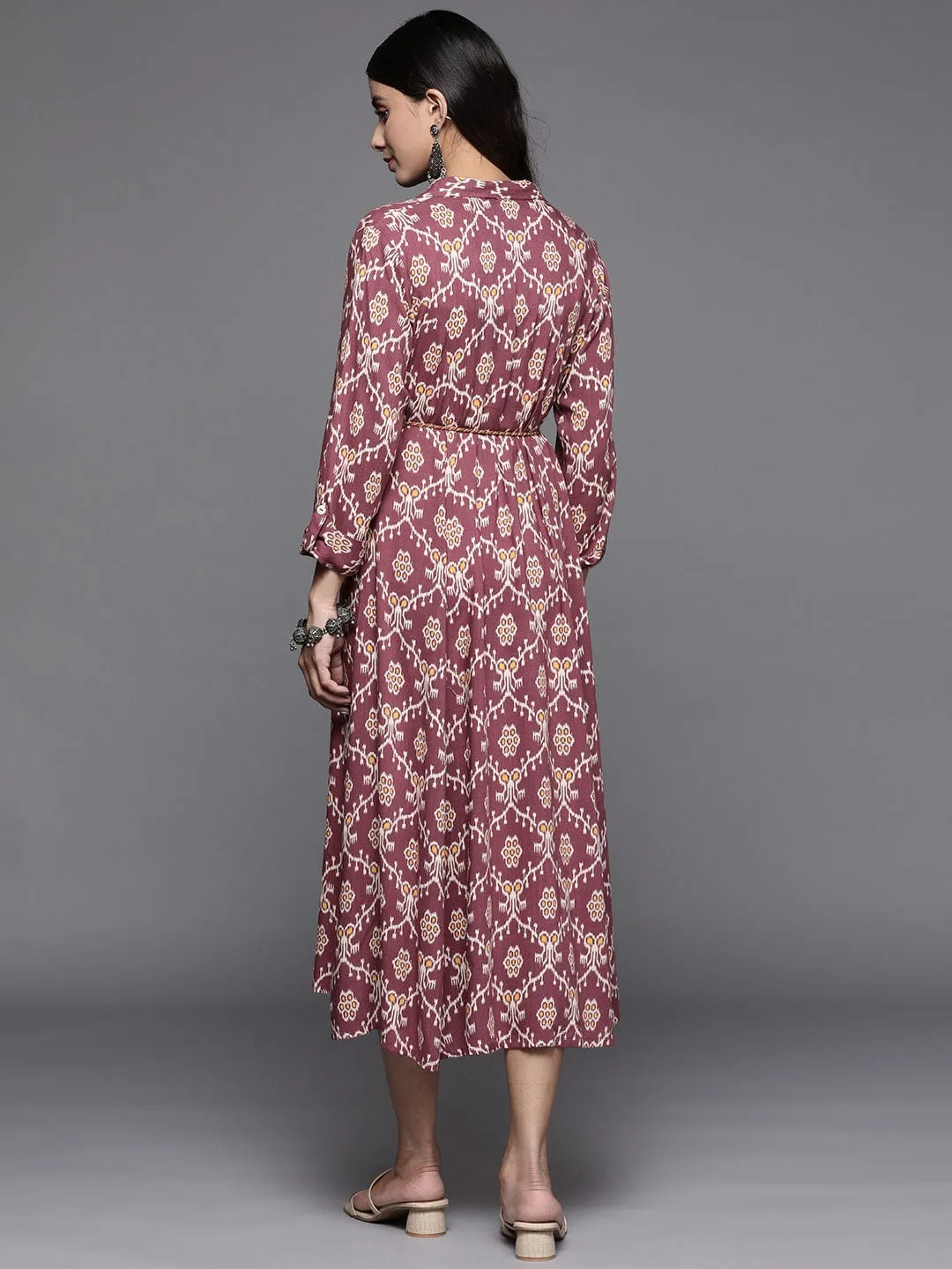 Varanga Women Burgundy Ikat Printed Dress With Shirt Collar