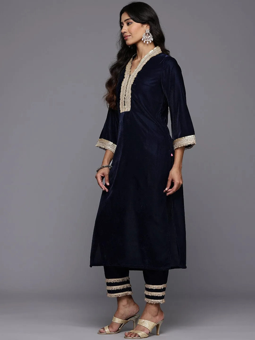 Varanga Women Navy Blue Straight Velvet Kurta Set with Dupatta