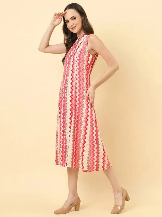 Varanga Women White Pink Chevron Printed A Line Dress Vdrs41120